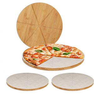 Relaxdays 4x Pizzaplank bamboe - rond - serveerplank- 33 cm - bakpapier - pizzabord - set