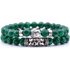 Bixorp Gems 2 Natuursteen Boeddha Armbanden van Malachiet - Groene Kralenarmband met Stainless Steel / Roestvrij Staal