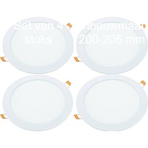 Inbouw LED-downlights buitenmaat 225mm, Mat witte aluminium ring18W, 1440 lumen. Rond, Inbouwmaat Ø 200- 205 mm, extra plat 13 mm diepte, inclusief transformator, Lichtkleur 3000K. Set van 4 stuks