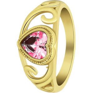 Lucardi Dames vintage ring met hart roze – Maat 60 – 19mm - Ring - Cadeau - Staal goldplated - Goudkleurig