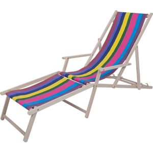 Kleurmeester.nl - Strandstoel met armleuning en voetenbank Belize - Opklapbaar - Beukenhout - Canvas stof | Multicolor Gestreept