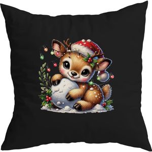 Zwarte kerst kussenhoes met Full color Schattig Liggend Hertje met Muts, Kerstlampjes en Sneeuwbal (envelop sluiting 40 x 40)