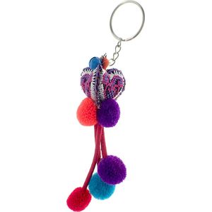 Pompon sleutelhanger met hart van stof - Sleutelhanger - Tashanger - met 6 gekleurde pom pons