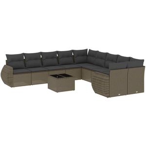 The Living Store 11-delige Loungeset met kussens poly rattan lichtgrijs - Tuinbank - Lounge Set - Polyrattan - Buitendecoratie - Loungebank