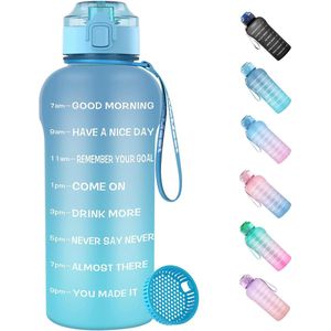 Drinkfles, 2 liter, BPA-vrij Tritan, 2 l sportfles met tijdmarkering en fruitfilter, 2000 ml waterfles met flip-top deksel voor camping, fitnessstudio, picknick, blauw