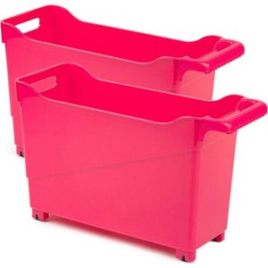 Set van 4x stuks kunststof trolleys fuchsia roze op wieltjes L45 x B17 x H29 cm - Voorraad/opberg boxen/bakken