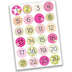 DIY adventskalender om te vullen - met 24 bruine papieren zakjes en 24 roze-groene stickers - voor DIY en knutselen - Mini Set No 14 - Kerstmis 2021 voor kinderen.