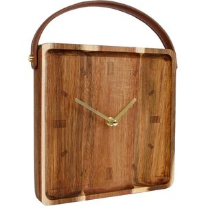 Houten staande klok met handvat in lederlook - 22 cm - retro tafelklok installatie - tafelklok vierkant om neer te zetten, werkt op batterijen, voor keuken kantoor woonkamer