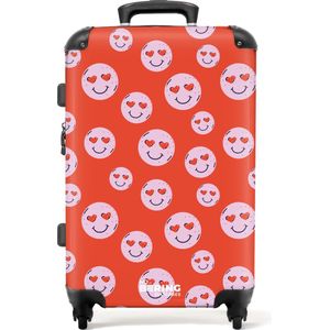 NoBoringSuitcases.com® - Koffer groot - Rolkoffer lichtgewicht - Rood met roze smileys - Reiskoffer met 4 wielen - Grote trolley XL - 20 kg bagage