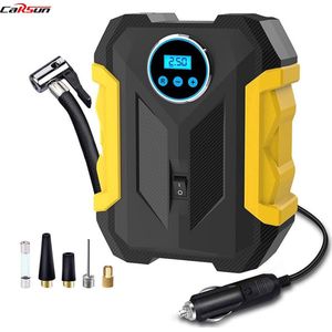 OxyFlowzy® - Autobanden Pomp - Draagbare luchtcompressor - 3 Opzetstukken - Elektrische fietspomp - Met Drukmeter - Mini Compressor - Led Lamp - 12 V - 10,3 BAR - Geel