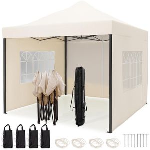 LifeGoods Partytent - Paviljoen - 3x3 m - Zijwanden - Easy Up - Opvouwbaar - Waterdicht - Draagtas met Wieltjes - Beige