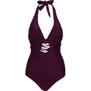 Badpak dames met striksluitng in de nek Aubergine XL