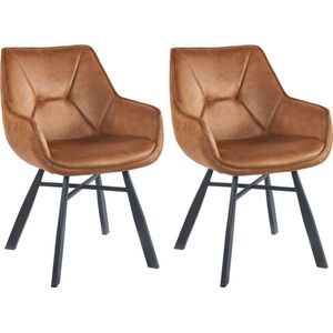Colenis® - Solido Eetkamerstoel - Set van 2 - Cognac - Microfiber Stof - Industrieel - Met armleuning - Stoel