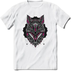 Vos - Dieren Mandala T-Shirt | Roze | Grappig Verjaardag Zentangle Dierenkop Cadeau Shirt | Dames - Heren - Unisex | Wildlife Tshirt Kleding Kado | - Wit - M