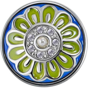 Quiges - Dames Click Button Drukknoop 18mm Bloem Blauw met Groen en Zirkonia - EBCM120
