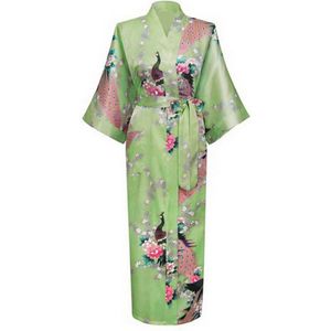 KIMU® Lange Kimono Lichtgroen - Maat L-XL - Maxi Satijnen Kamerjas - Ochtendjas Lang Japanse Badjas Yukata Groen Geisha Satijn Festival
