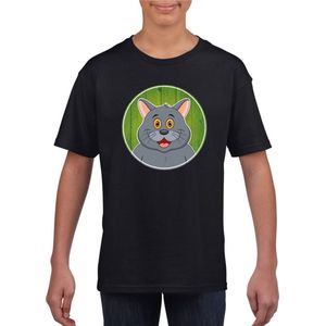 Kinder t-shirt zwart met vrolijke grijze kat print - katten shirt - kinderkleding / kleding 158/164