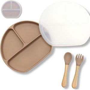 Babyserviesset, siliconen kinderservies, antislip babybord, zuignapdeksel, BPA-vrij, babybord deksel, siliconen placemat, kinderbord met zuignap (veldgrijs)