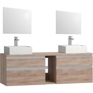 Hangend badkamermeubel met dubbele wastafel en spiegels - Natuurlijke lichte kleur - 150 cm - MAGDALENA II L 150 cm x H 46 cm x D 50 cm