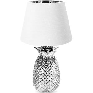 Navaris tafellamp in ananas design - Ananaslamp - 40 cm hoog - Decoratieve lamp van keramiek - Pineapple lamp - E27 fitting - Zilver/Wit
