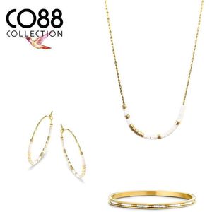 CO88 Collection 8CO-SET085 Stalen Sieradenset - Ketting met Armband en Oorringen - Witte Miyuki Beads - 40 + 5 cm - 58 x 49 mm - 25 mm Doorsnee - Goudkleurig