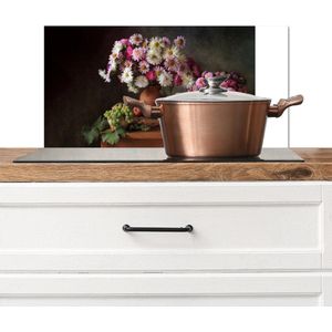 Spatscherm keuken 60x30 cm - Kookplaat achterwand Bloemen - Fruit - Stilleven - Roze - Muurbeschermer - Spatwand fornuis - Hoogwaardig aluminium