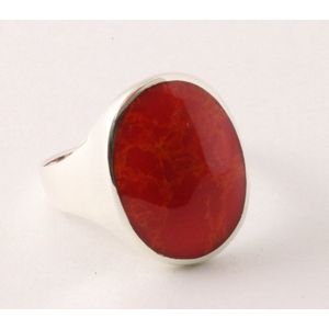 Ovale zilveren ring met rode koraal steen - maat 17.5