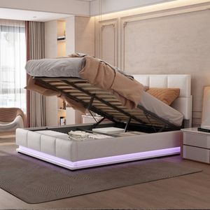 Gestoffeerd bed 140x200 cm met LED verlichting - hydraulisch hefbaar bed met opbergruimte - bedstee & lattenbodem kunstleer tweepersoonsbed -volwassenen jeugdbed -wit