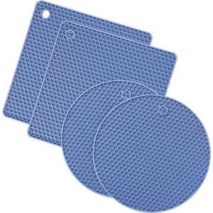Fako® - Pannenonderzetter Hittebestendig - Onderzetter Voor Pannen - Siliconen Mat - Potopener - Rond & Vierkant -Blauw - 4 Stuks