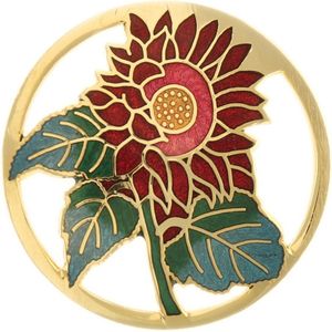 Behave® Broche rond bloem zonnebloem rood - emaille sierspeld -  sjaalspeld  4,8 cm
