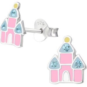 Joy|S - Zilveren sprookjes kasteel oorbellen - 8 mm - prinsessen paleis oorknoppen - kinderoorbellen