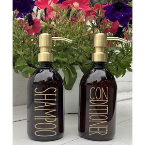 BBBLS Design Dispenser Giftset ""Shampoo Conditioner"" | Bruin Kunststof | 500ml | RVS / Metaal Pomp Goud | Zeeppomp | Zeepdispenser | Zeephouder