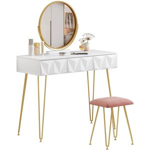 Witgouden Kaptafel met 360° Draaibare Spiegel – 3D-Effect Laden – Inclusief Fluwelen Kruk – 100x40x79 cm – Luxe Make-Up Tafel – MDF, Massief Hout en Metaal – Voor Slaapkamer – Modern Design – Stijlvol en Functioneel