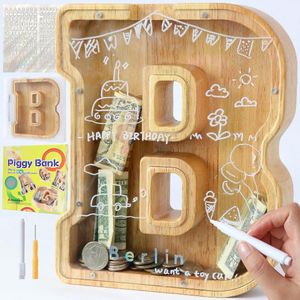 Spaarpot voor kinderen | Gepersonaliseerd | Houten letter A-Z | Doop cadeau