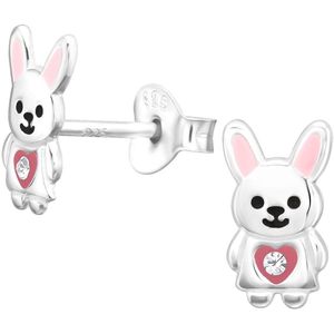 Joy|S - Zilveren konijn oorbellen - zilver roze met roze hartje - 5.3 x 9 mm - kristal - kinderoorbellen