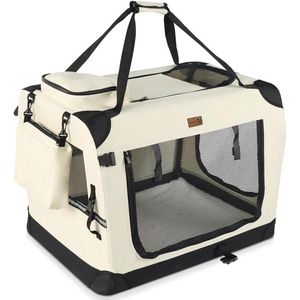 Opvouwbare draagtas voor honden en katten - transportbox ademend en met afneembare pluche matras - handdraagbaar en schouderriem - ideaal voor huisdieren - maat M beige.