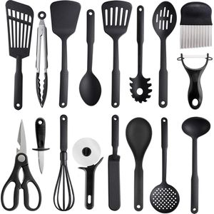 17-delige nylon hittebestendige anti-aanbaklaag keukengerei set - BPA-vrij - vaatwasmachinebestendig - zwart
