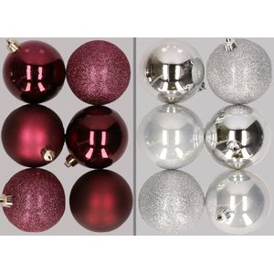 12x stuks kunststof kerstballen mix van aubergine en zilver 8 cm - Kerstversiering