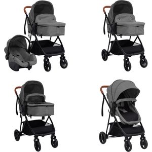 vidaXL Kinderwagen 3-in-1 staal lichtgrijs en zwart - Baby Kinderwagen - Baby Kinderwagens - Wandelwagen - Kinderwagen