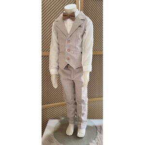 luxe jongens kostuum-kinderpak- kinderkostuum-3 delige set -crème witte hemd, beige vest en broek, camel vlinderstrik-bruidsjonkers-bruiloft-feest-verjaardag-fotoshoot- 5 jaar