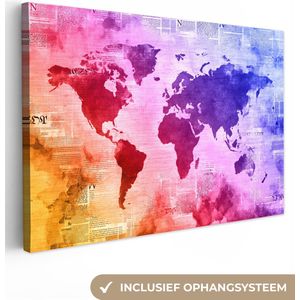 Canvas Wereldkaart - 180x120 - Wanddecoratie Wereldkaart - Waterverf - Regenboog