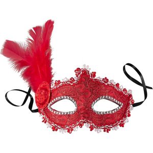 dressforfun - Venetiaans masker met zijdelingse veer rood - verkleedkleding kostuum halloween verkleden feestkleding carnavalskleding carnaval feestkledij partykleding - 303550