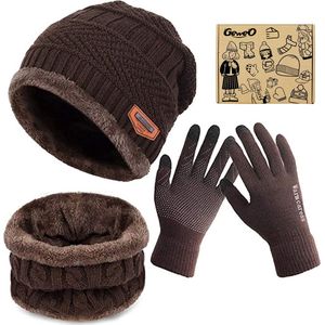Geweo Hoed Colsjaal Handschoenen Set - Mutsen - Sjaal - Handschoenen - Gebreide Baggy Warme Skimutsen - Wintermuts Gevoerd Wol - Unisex - Kerst Geschenk - Bruin - Kerstmis - Kerstfeest - Christmas Gift
