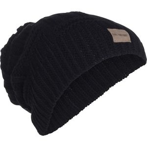 Knit Factory Bobby Gebreide Muts Heren & Dames - Sloppy Beanie hat - Zwart - Warme zwarte Wintermuts - Unisex - One Size