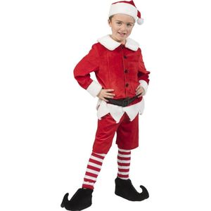Funny Fashion - Kerst & Oud & Nieuw Kostuum - Kerstelf Kenny Hulp Van De Kerstman Kind Kostuum - rood,wit / beige - Maat 98 - Kerst - Verkleedkleding