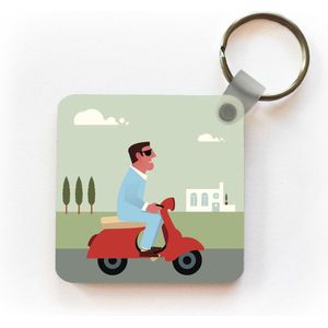 Sleutelhanger - Uitdeelcadeautjes - Illustratie van een man op een rode Vespa - Plastic