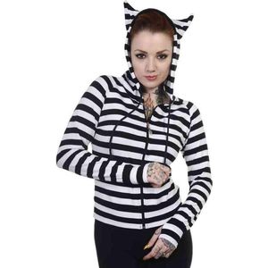 Banned - CAT EARS STRIPED Vest met capuchon - L - Zwart/Wit