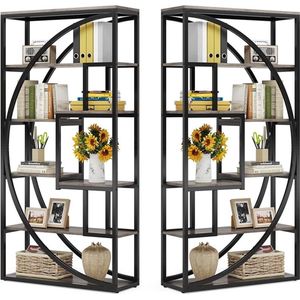 TRIBESIGNS - Set van 2 Boekenkast - Boekenrek met 5 Planken - Industrieel Vintage - Geometrisch Ontwerp - Grijs/Zwart - 80 x 30 x 180 cm