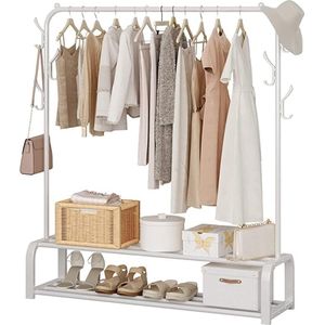 Kledingrek droogrek vrijstaande kleerhanger slaapkamer kledingrek met 2-traps onderste opbergrek en zijhaken, wit