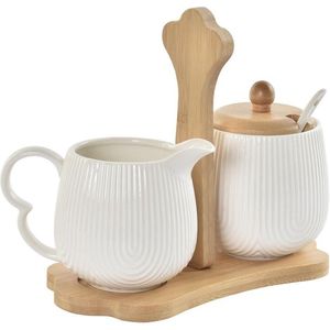 Melk- en Suikerpot DKD Home Decor Natuurlijk Porselein Wit Bamboe (19,5 x 7,5 x 17,5 cm)